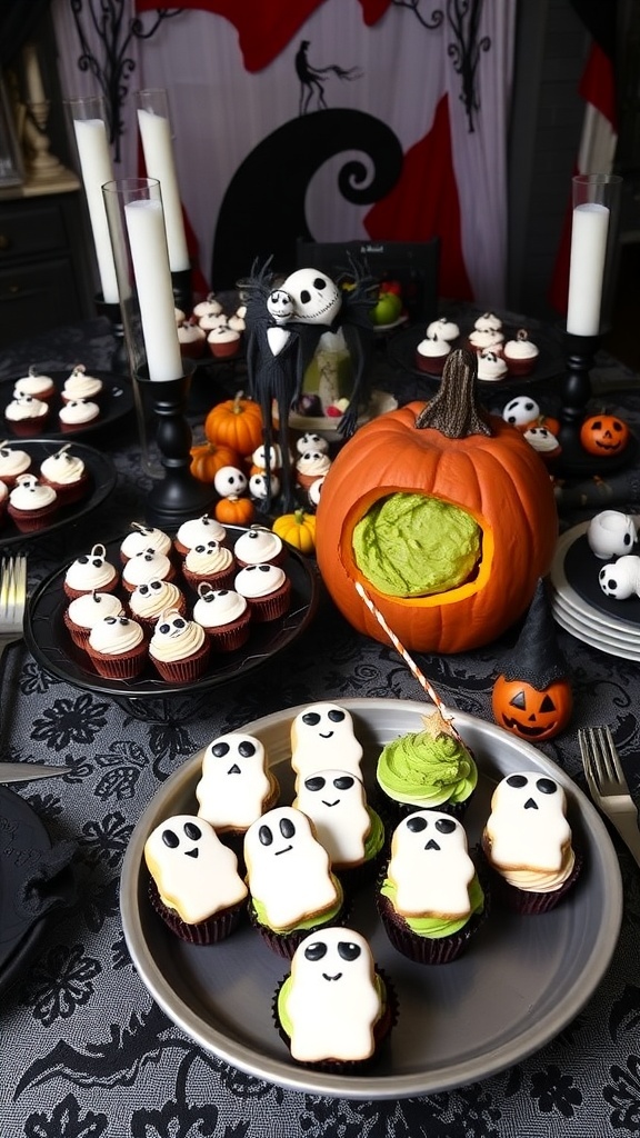 A table with Nightmare Before Christmas themed party food including ghost cookies, Jack Skellington cupcakes, and guacamole in a pumpkin.